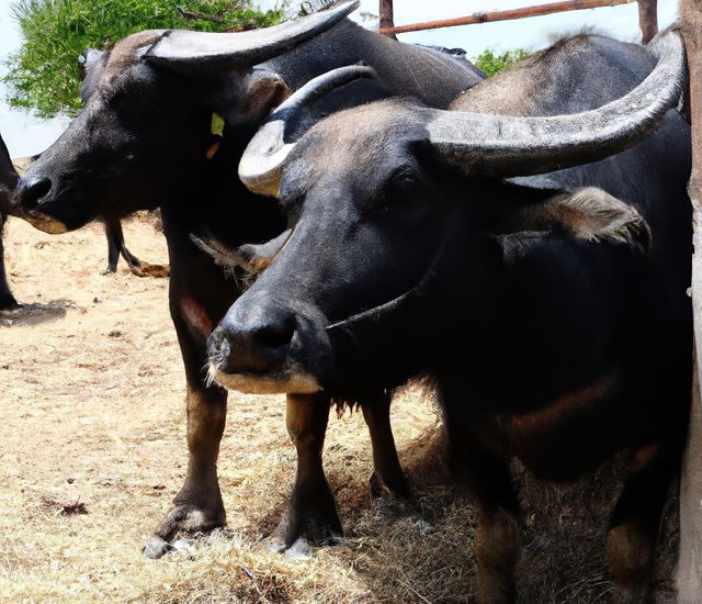 Two water buffalo with large horns standing in a sunny outdoor area. Suitable for topics related to farming, agriculture, livestock management, rural life, and animal husbandry. Ideal for illustrating articles on traditional farming practices, animal care, and livestock maintenance.