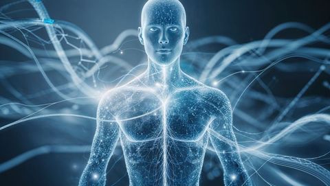 Glowing holographic figure displaying complex network of neural pathways and luminescent fibers in a futuristic, digital setting. Great for illustrating concepts of artificial intelligence, cybernetics, technological innovation, and digital advancement. Useful for presentations on future technology, corporate technology strategies, or educational resources exploring AI. Perfect for apps, websites, and promotional materials emphasizing cutting-edge technology and AI-driven solutions.