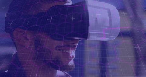 Smiling Man Immersed in Virtual Reality with Futuristic Overlay - Download Free Stock Images Pikwizard.com