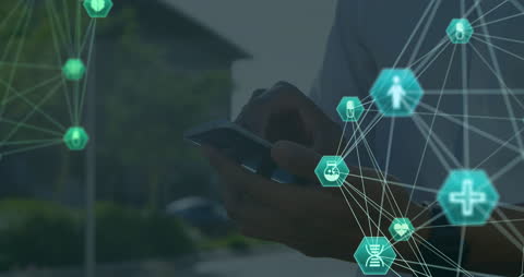 Animated Digital Network Illustrations Over Businessman with Smartphone