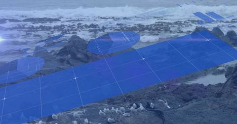 Digital charts overlay on rocky beach scenery