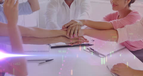 Team Celebration with Digital Interface and Financial Data Overlay