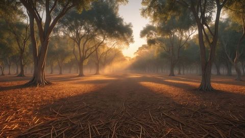 Sunlit sandalwood grove with light mist and rays