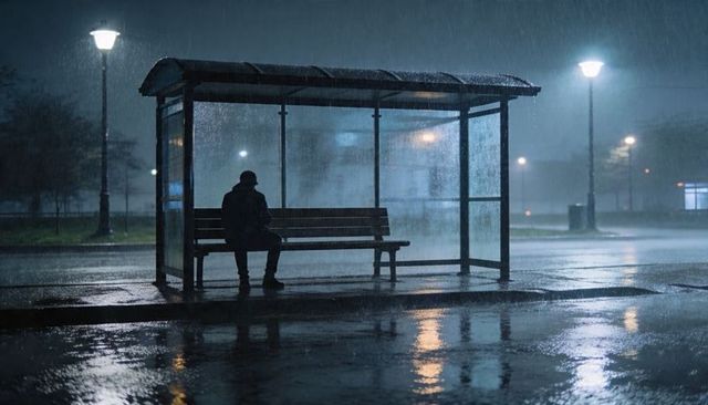 Hooded figure waiting in glass bus shelter at night, rain reflecting warm streetlights