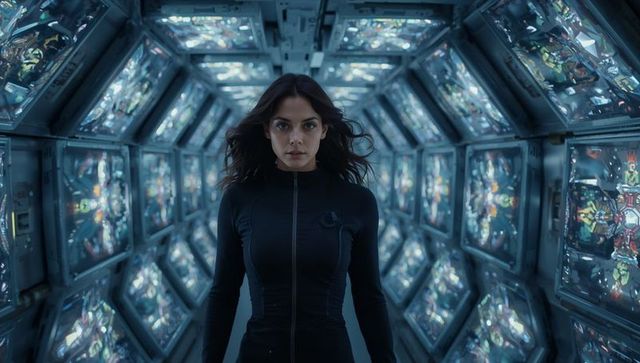 Futuristic commander standing in kaleidoscopic spaceship corridor with neon display panels