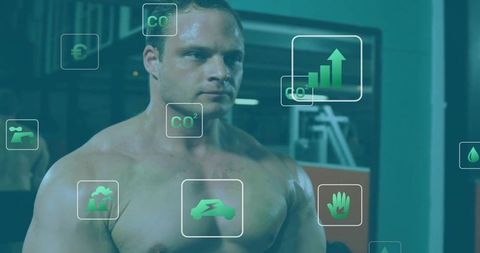 Shirtless Man in Gym with Futuristic Iconography Illustrating Wellness and Sustainability