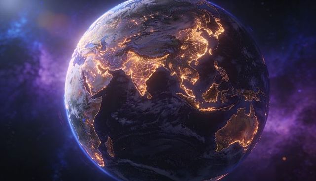 Glowing earth at night showing city lights across asia and australia from orbit