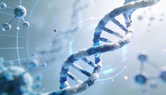 3d dna double helix visualizing futuristic molecular data with hud and nanoscale atoms
