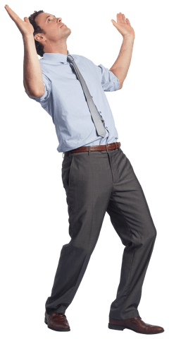 Joyful businessman raising arms in celebration, transparent background