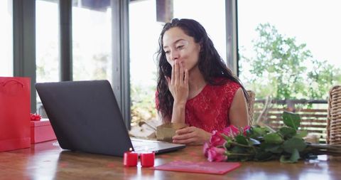 Joyful Woman with Vitiligo Celebrating Valentine's Day Online