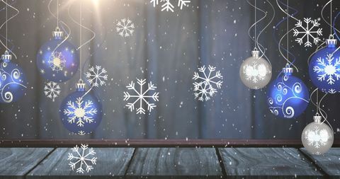 Festive Snowfall and Christmas Baubles Decoration Scene