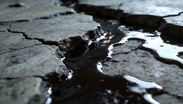 Cracked stone pavement close-up with reflective puddles, wet textured crevices and moisture