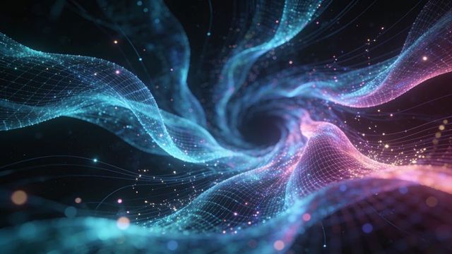 Spiraling glowing wireframe vortex in neon digital space with particles
