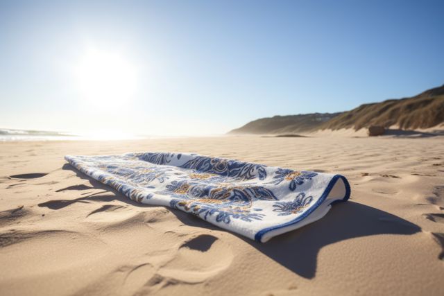 White towel with pattern on beach with dunes and blue sky, created using generative ai technology. Seaside landscape, vacation, leisure, summer and nature concept digitally generated image.