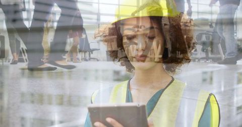 Woman construction inspector holding tablet inspecting airport lobby with double exposure