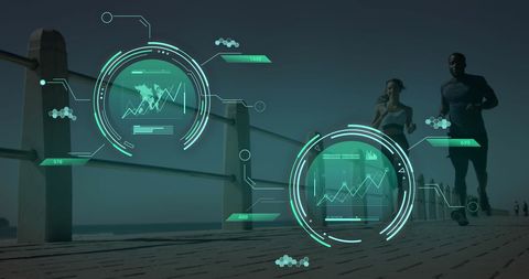 Digital Interface Overlay on Fit Man and Woman Running Outdoors