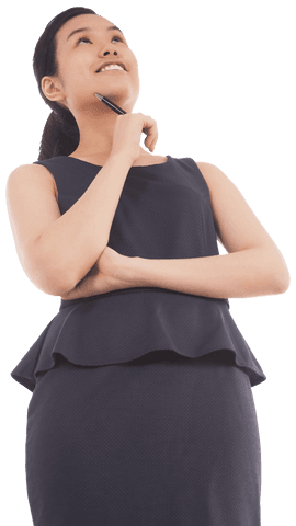 Businesswoman Pondering on Transparent Background with Pen