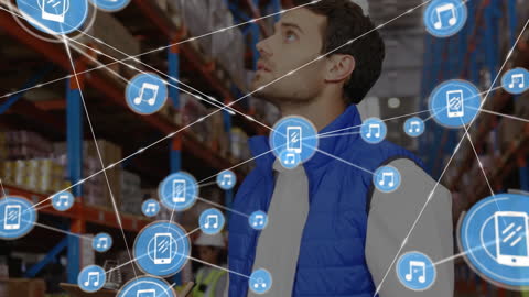 Warehouse Worker Engaged with Digital Network Overlay