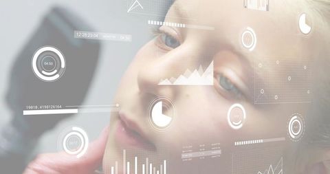 Child receiving pediatric eye exam with futuristic digital health hud overlays and analytics