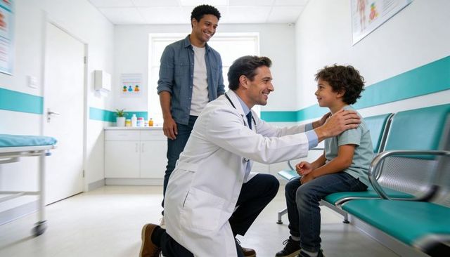 Pediatrician kneeling reassuring young boy with parent in bright clinic waiting room