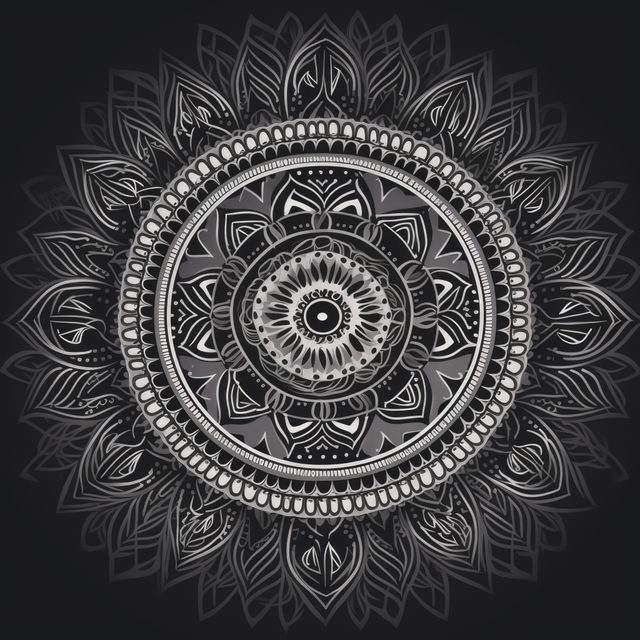 This design features an intricate mandala in black and white with detailed floral motifs and symmetrical patterns. The complex geometrical arrangement creates a sense of balance and focus. Ideal for use in meditation, art prints, wall decor, or as a coloring page for stress relief.