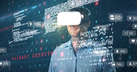 Man with VR Headset Engaged in Digital Data and Virtual Social Interaction - Download Free Stock Images Pikwizard.com