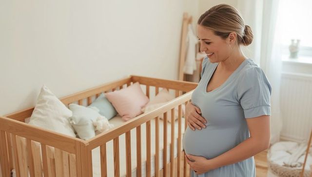 Expectant mother smiling in sunlit nursery with wooden cradle