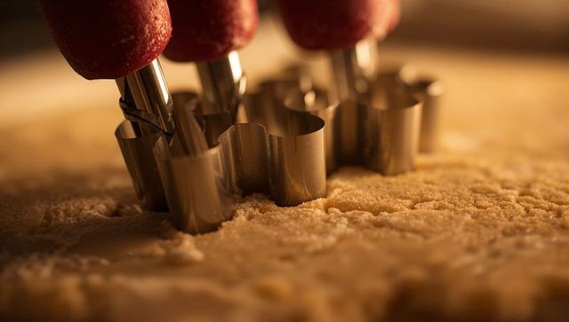 Red-handled scalloped cutters pressing into cookie dough on floured counter