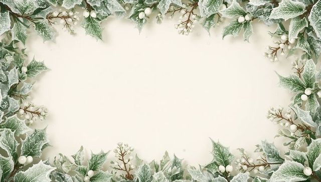 Frosted holly border framing pale cream card with white berries for holiday greeting