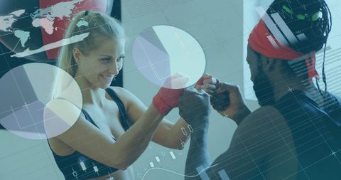Female Boxer Training with Coach in Digital Overlay Concept