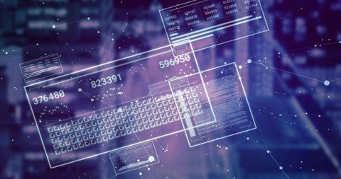 Holographic Keyboard and Floating HUD Panels Projecting Neon Data Metrics and Analytics