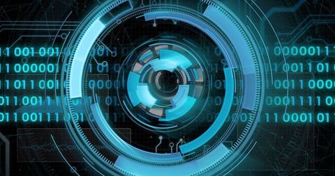 Futuristic HUD Interface with Rotating Rings and Streaming Binary Data for Tech Dashboards