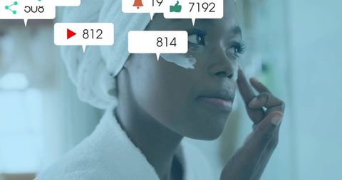 Female influencer applies skincare with digital engagement overlay