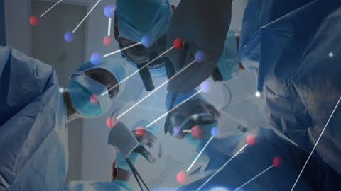 Caucasian Surgeons Performing Operation with DNA Animation Overlay