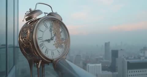 Surreal Melting Clock Dripping over City Balcony