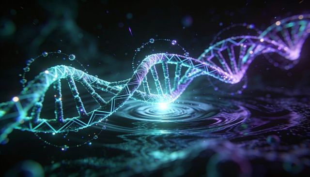 Luminous dna double helix glowing above reflective liquid with neon cybernetic ripples
