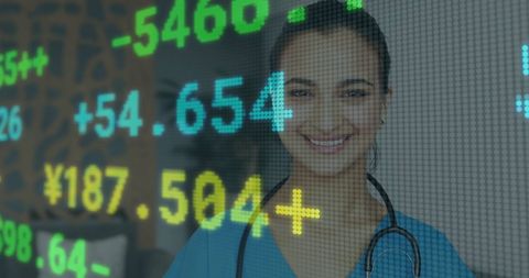 Caucasian Female Doctor and Financial Data Processing Globe Digital Connection Concept