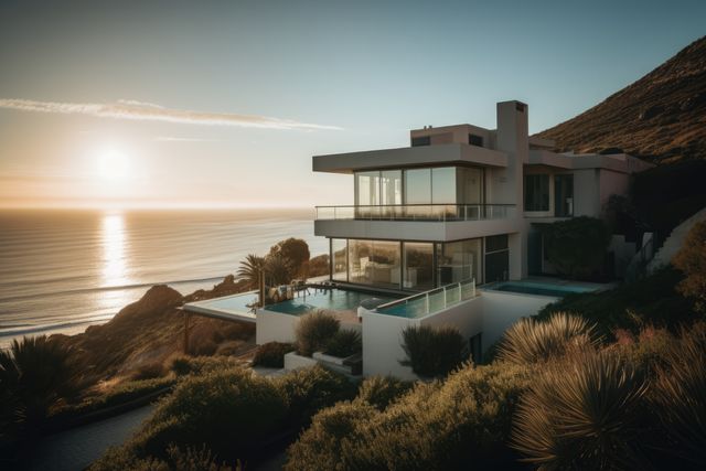 Modern villa with pool by seaside at sunset, created using generative ai technology. Architecture and design concept digitally generated image.