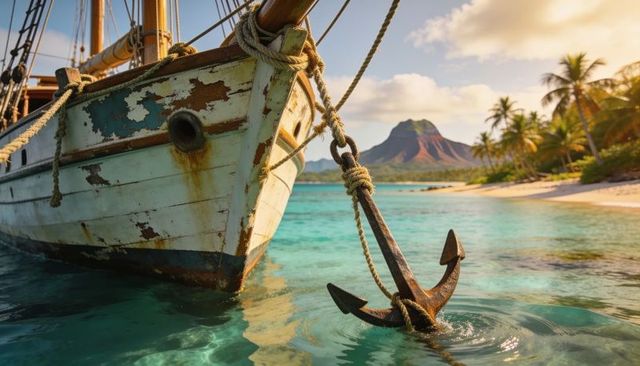 Weathered sailboat bow with rusty anchor in turquoise tropical waters by volcanic island
