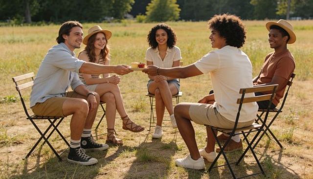 Friends passing snacks while sitting in meadow during sunlit summer outdoor picnic