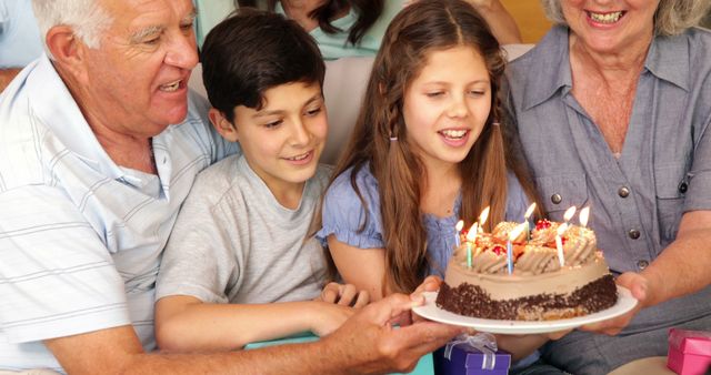 Grandparents and grandchildren celebrating a birthday together with a cake. Ideal for images depicting family gatherings, celebrations, and special occasions showcasing joyous moments and togetherness. Suitable for use in family-related advertisements, greeting cards, or articles about family bonding and special events.