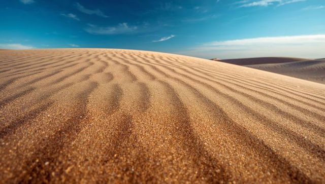 Golden Sand Dune Ripples Stretching Toward Horizon Under Blue Sky