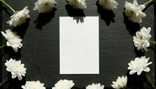Blank white paper resting on dark slate framed by white chrysanthemums for minimal mockup