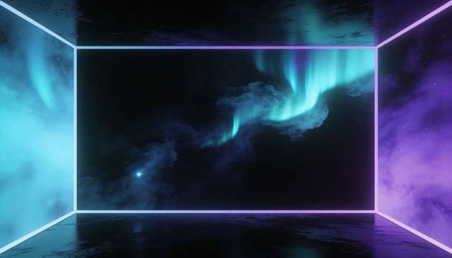 Neon-Framed Portal Emitting Turquoise Aurora Reflecting on Glossy Floor Futuristic Minimalist