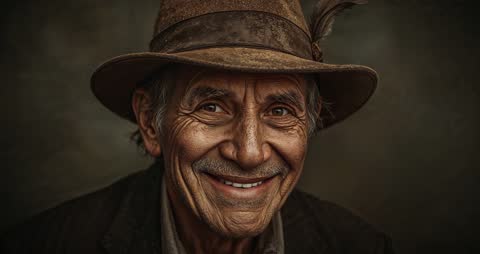 Expressive Transition of Senior Man in Fedora Hat from Neutral to Joyful