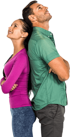 smiling couple standing back to back looking up on transparent background - Download Free Stock Videos Pikwizard.com