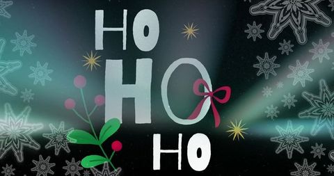 Ho ho ho hand-lettering with red ribbon, holly berries and snowflake stars on dark backdrop