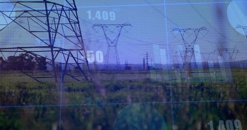 High-Voltage Power Lines with Digital Data Overlay in Countryside