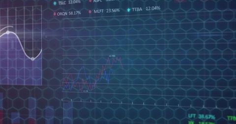 Futuristic financial dashboard with hex grid and overlapping red blue line analytics