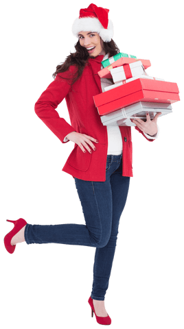 Cheerful Woman in Santa Hat Holding Gift Boxes, Transparent Background